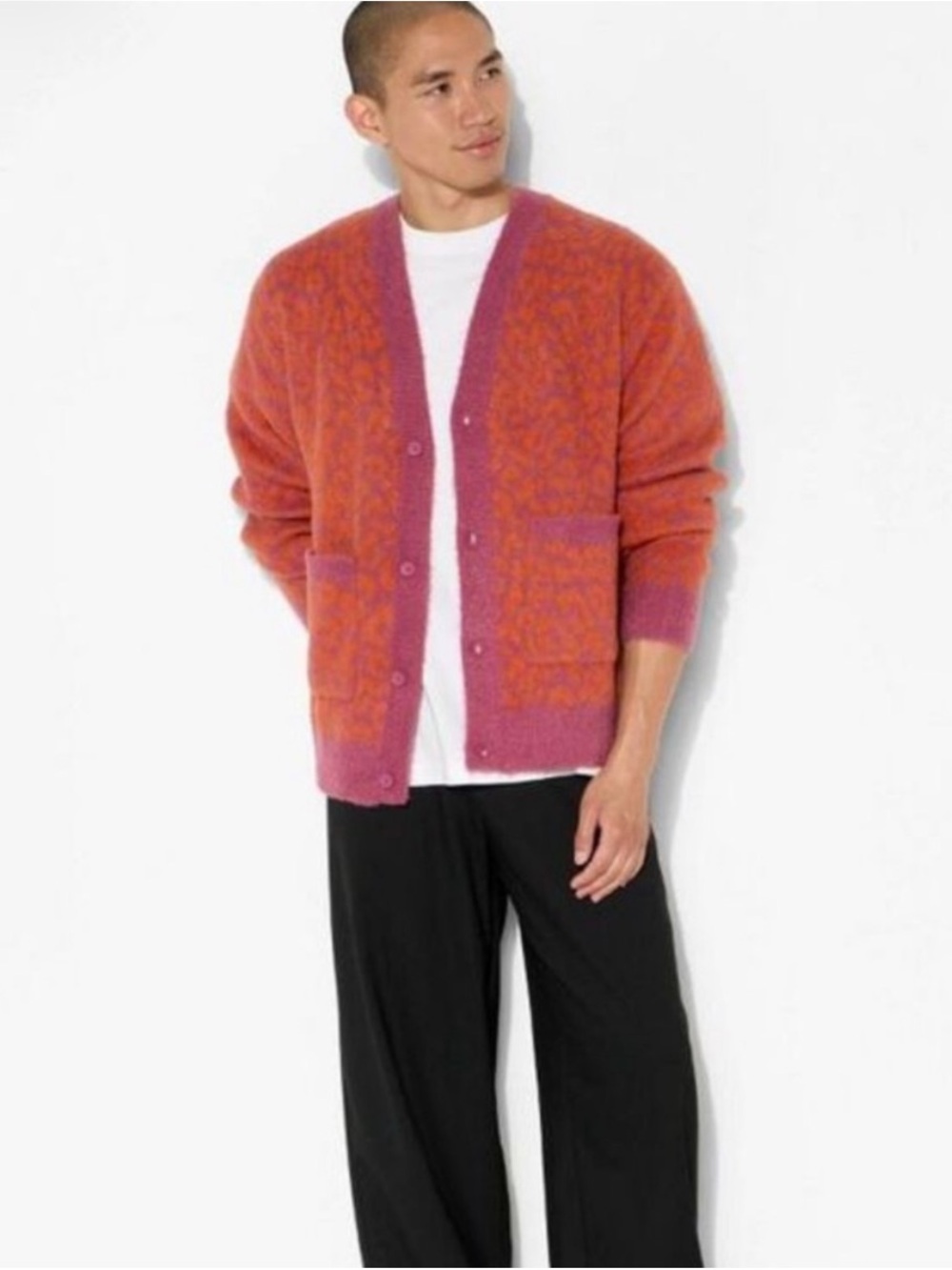 Original Use Men’s Pink Orange Leopard Print Fuzzy Cardigan